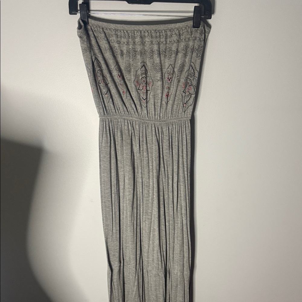 Gray Strapless Maxi Dress with Embroidered Detail